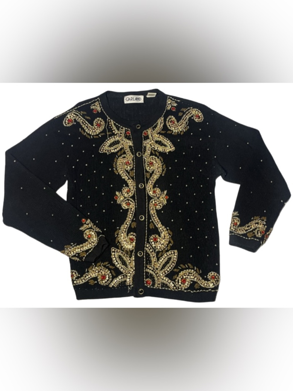 Vintage Garland Large Wool Blend Beaded Embellished Cardigan Sweater Black Gold